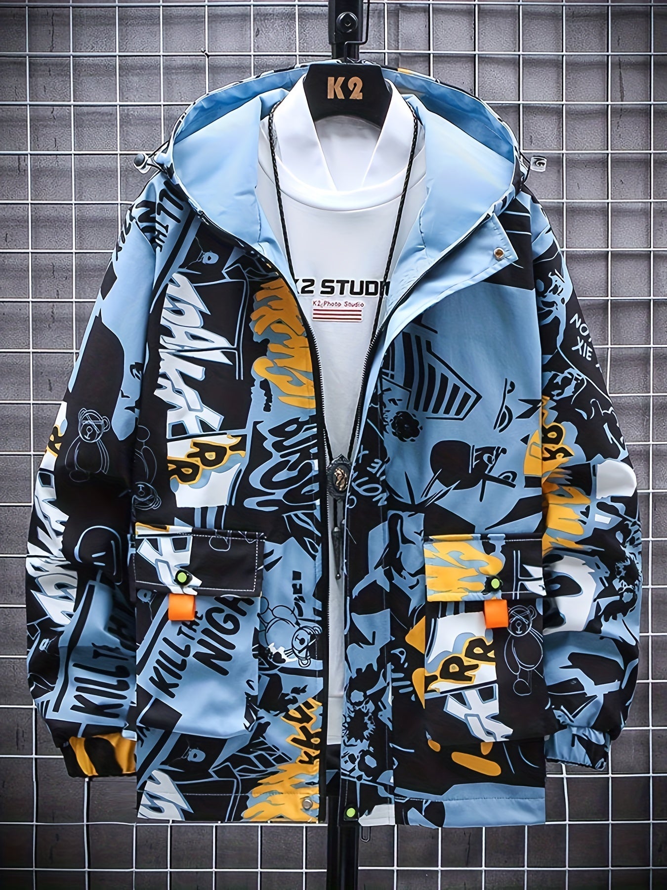 Spring And Autumn Men's Fashion Graffiti Mid Length Windbreaker Popular Hooded And Handsome Men's Jacket Popular Versatile Men's And Women's Same Windbreaker Jacket