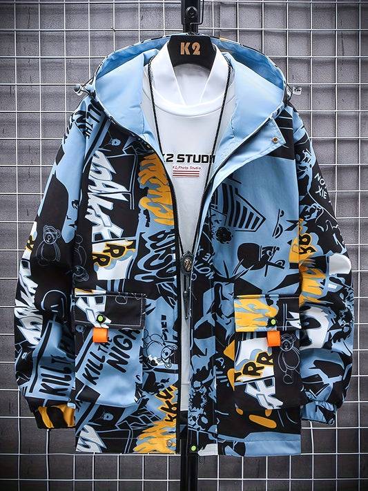 Spring And Autumn Men's Fashion Graffiti Mid Length Windbreaker Popular Hooded And Handsome Men's Jacket Popular Versatile Men's And Women's Same Windbreaker Jacket