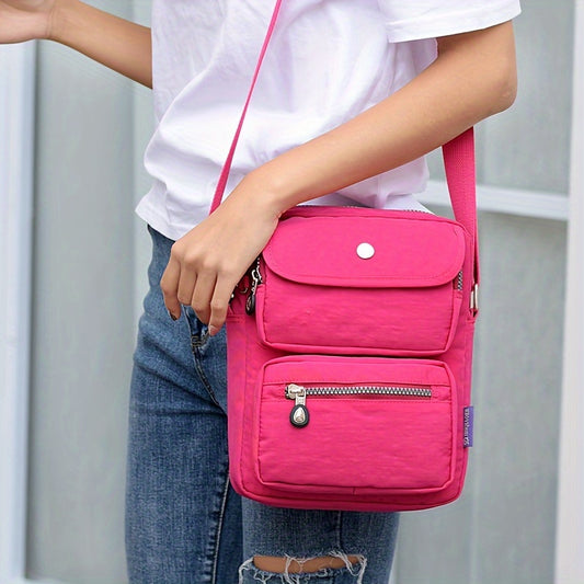 Women'S Lightweight Nylon Shoulder Bag - Casual Fashion Messenger Bag with Multiple Pockets, Adjustable Strap, and Zipper Closure in Pink, Purple, Blue, Green, Black, Red, Blue, Yellow, Black, White, Black Patterns, Messenger