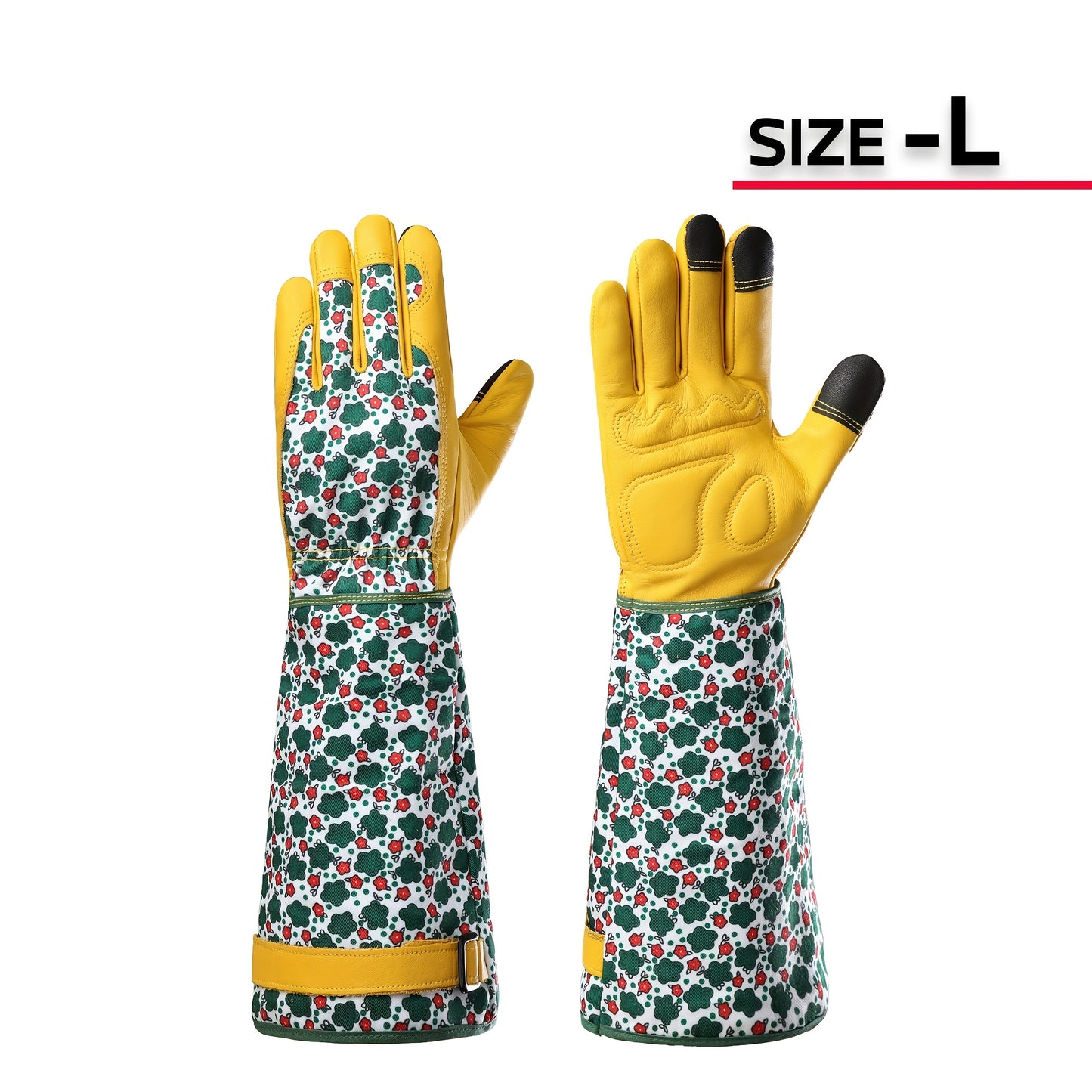 JOISIV Women's Long Gardening Gloves - Durable Green Floral Print, Thorn-Proof Gauntlet for Yard Work, Breathable Cowhide Design, Touchscreen Compatible, Perfect for Gardening and Outdoor Activities (Pair), Garden Tools