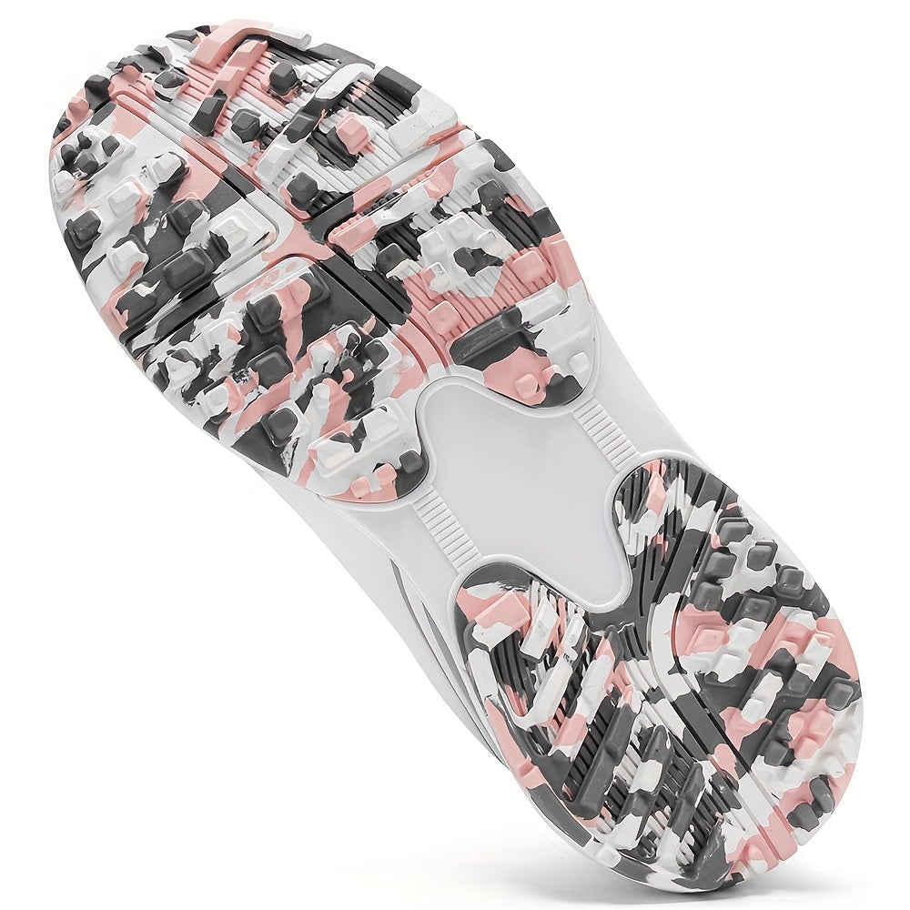 Golf Shoes, THESTRON Women's Professional Golf Shoes - Anti-Slip, All-Season, Large Size 36-43, White & Pink Design with Geometric Pattern, Durable PU Upper & Rubber Sole for Outdoor Golf Training, Ladies Golf Shoes