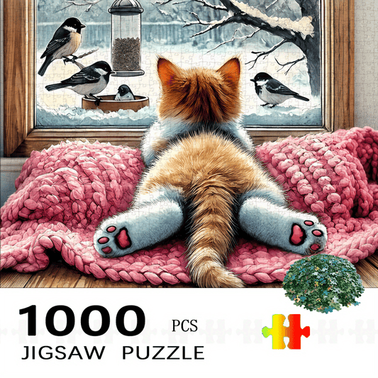 1000pcs Cat & Birds Winter Scene Jigsaw Puzzle - Large challenging puzzle for everyone, Vibrant Colors