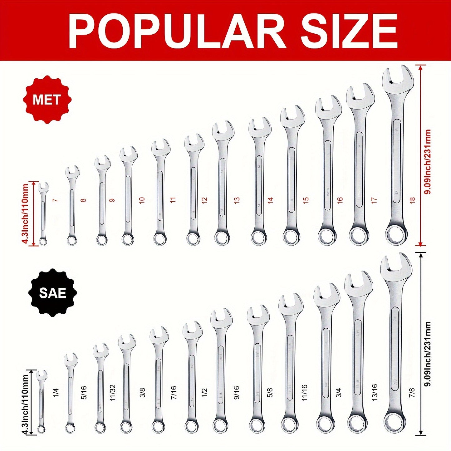 Wrenches / 12pcs Metric/12pcs SAE/24pcs All-Purpose Master Combination Wrench Set, SAE 1/4" to 7/8" Metric 11mm to 231mm Perfect for General Household, Garage, College Dormitory, Car Emergency, Boat and Much More