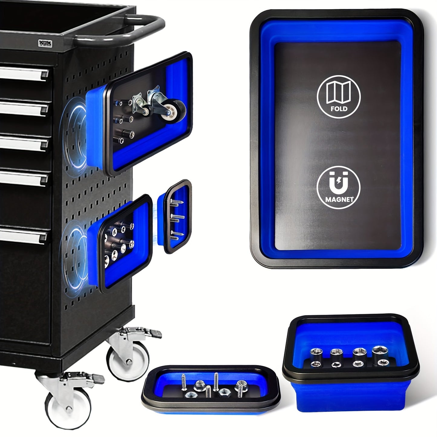 [Pack Of 3] Magnetic Parts Tray, Collapsible Magnetic Tray Set, Magnetic Toolbox Tray For Mechanics, Tool Box Organizer Tray