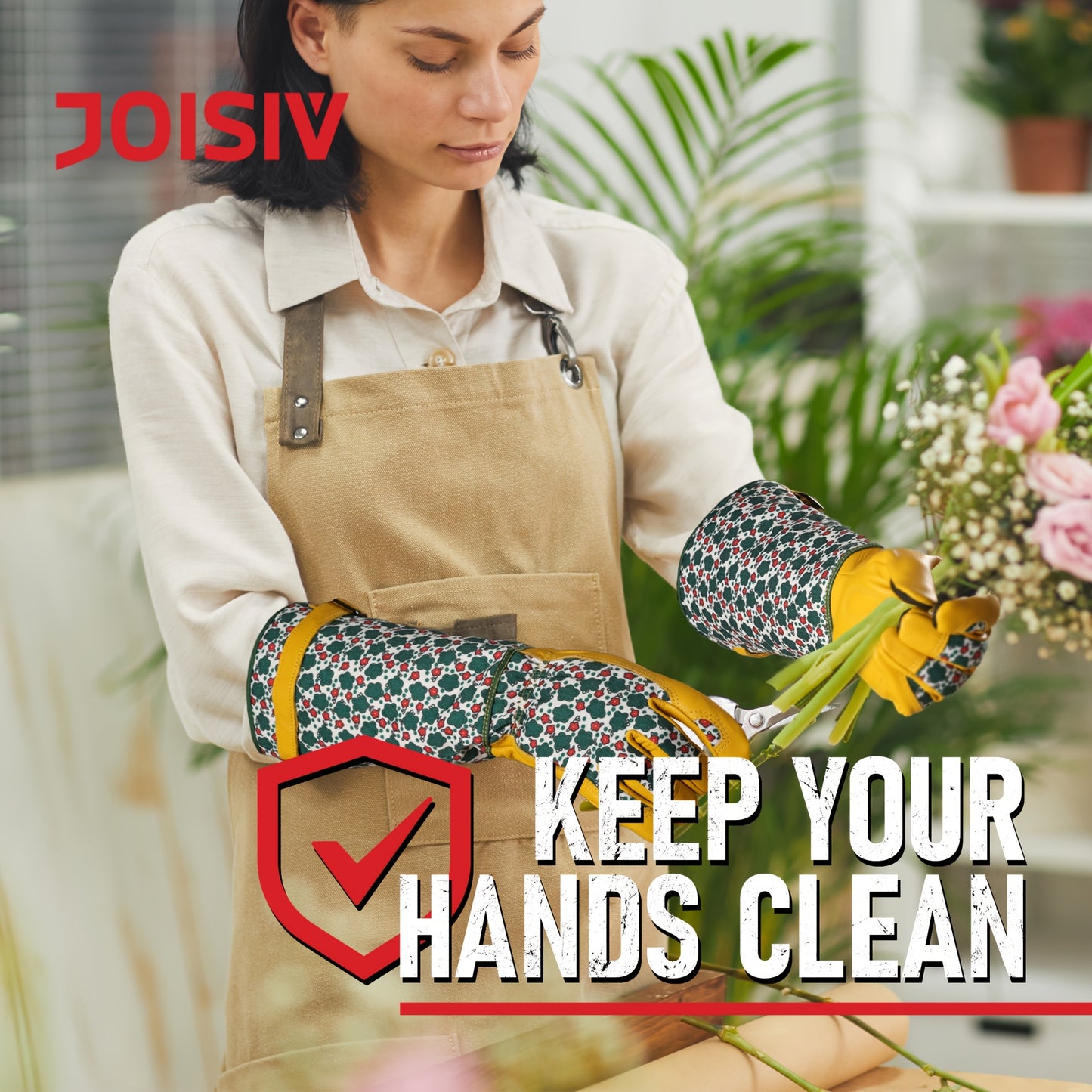 JOISIV Women's Long Gardening Gloves - Durable Green Floral Print, Thorn-Proof Gauntlet for Yard Work, Breathable Cowhide Design, Touchscreen Compatible, Perfect for Gardening and Outdoor Activities (Pair), Garden Tools