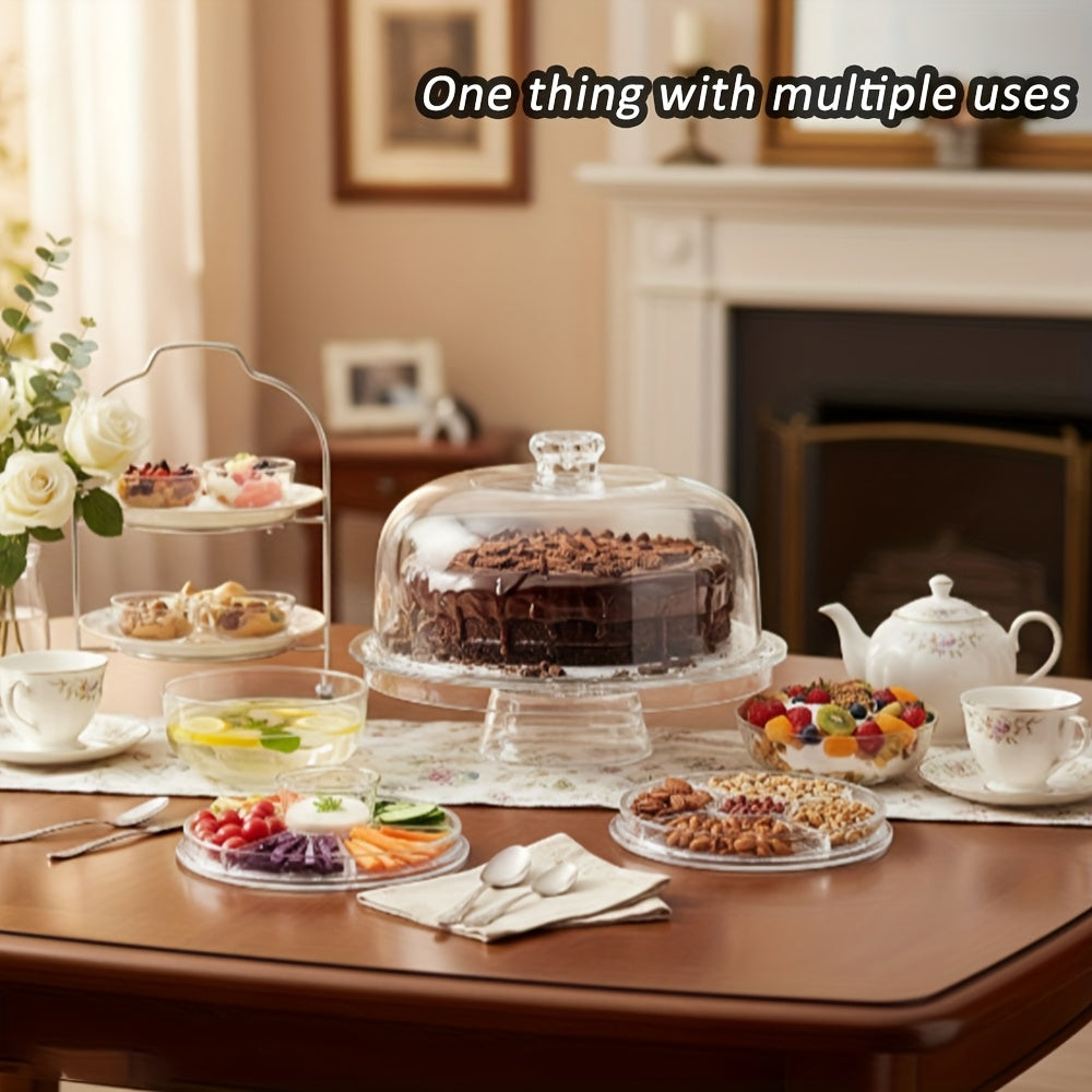 6-IN-1 Acrylic Cake Stand with Dome Lid - 12in Round Cake Holder Dessert Table Display Set & Charcuterie Board for Cakes, Desserts, Fruits, Snacks, Pastries, Appetizers, Cheese, Chips & Dips, Nachos, Fruit Platter Elegant Ped