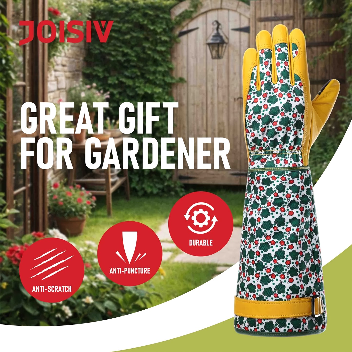JOISIV Women's Long Gardening Gloves - Durable Green Floral Print, Thorn-Proof Gauntlet for Yard Work, Breathable Cowhide Design, Touchscreen Compatible, Perfect for Gardening and Outdoor Activities (Pair), Garden Tools