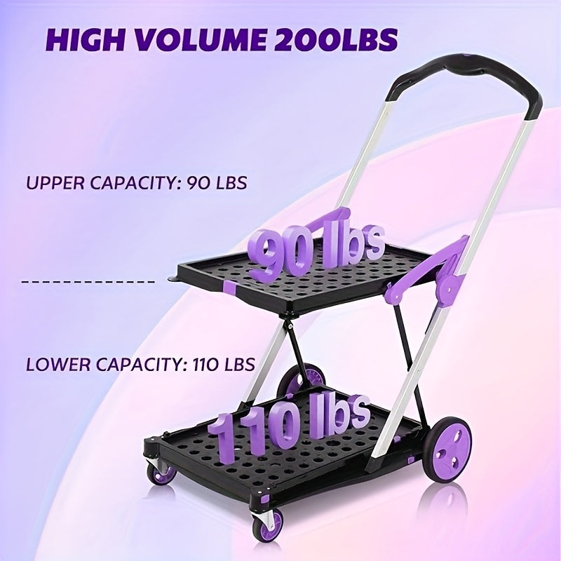 2-Tier Folding Utility Cart with Wheels - Pink & Black Aluminum Shopping Trolley, Double-Collapse Design for Groceries, Malls, and Outdoor Use, Grocery Cart, Mall Shopping, Modern Cart, Durable Construction